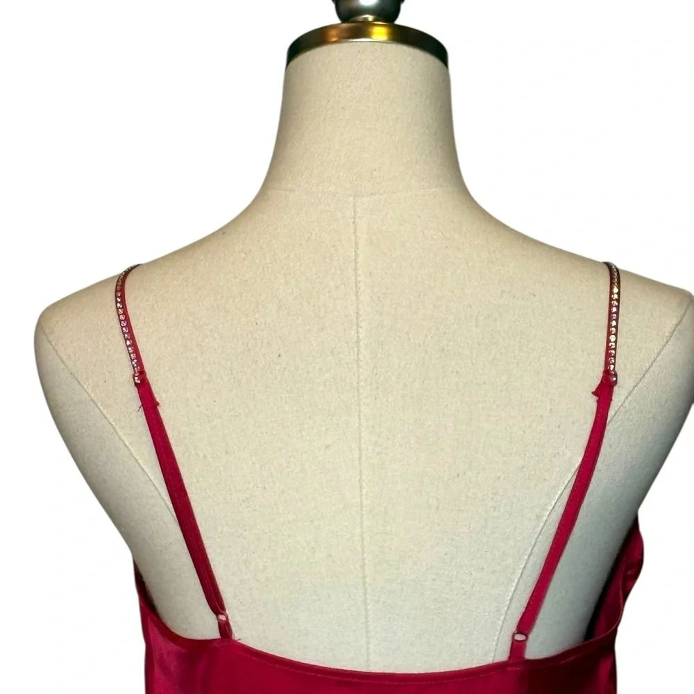 Nicole Miller Elegant Satin Slip Maxi Dress Red Rhinestone Strappy S